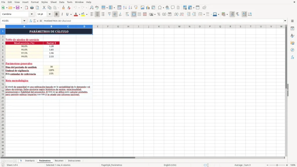Parámetros – Plantilla Excel gratis para stock de seguridad