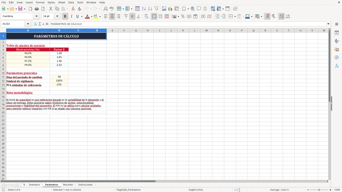Captura 2: pestaña Parámetros - Plantilla Excel Cálculo del stock de seguridad plantilla Excel gratis