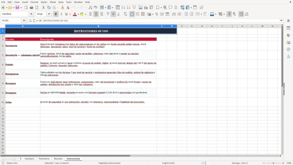 Instrucciones – Plantilla Excel gratis para stock de seguridad