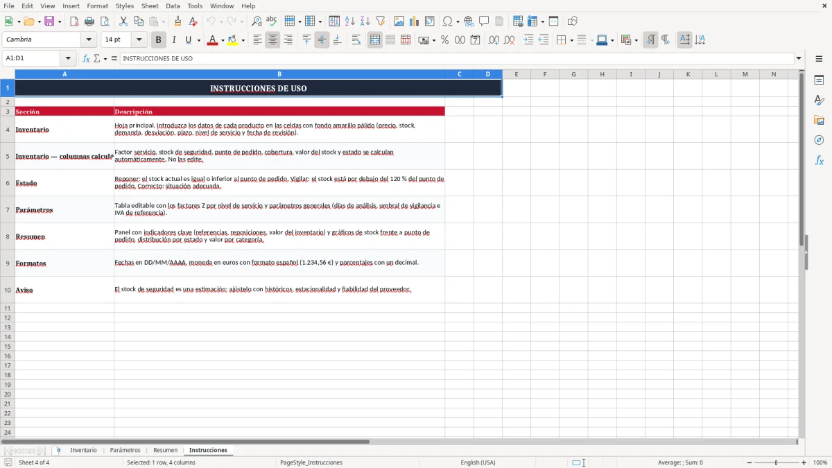 Captura 4: pestaña Instrucciones - Plantilla Excel Cálculo del stock de seguridad plantilla Excel gratis