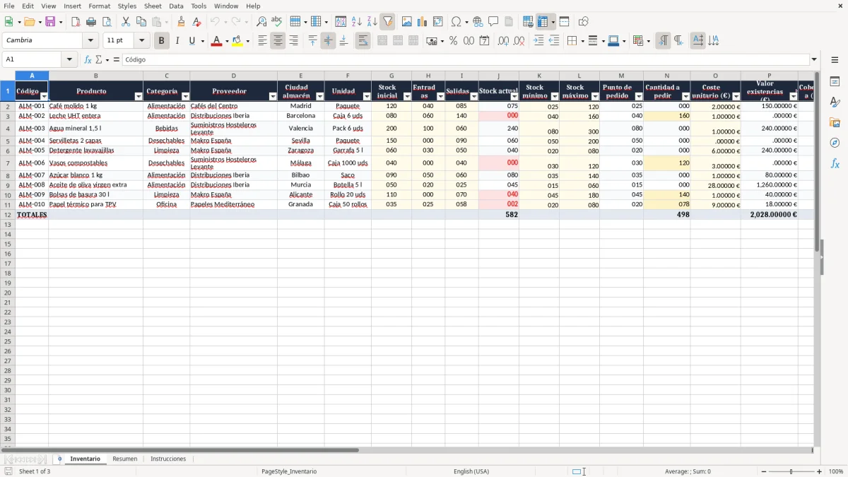 Captura 1: pestaña Inventario - Plantilla Excel Control de existencias mínimas y máximas Excel gratis