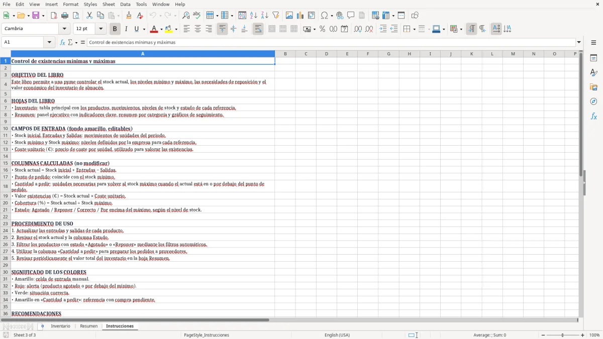 Captura 3: pestaña Instrucciones - Plantilla Excel Control de existencias mínimas y máximas Excel gratis