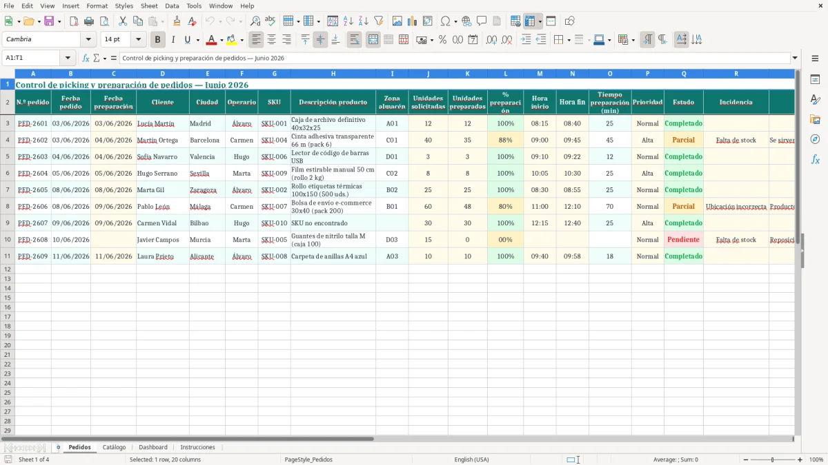 Captura 1: pestaña Pedidos - Plantilla Excel Control de picking y preparación de pedidos Excel