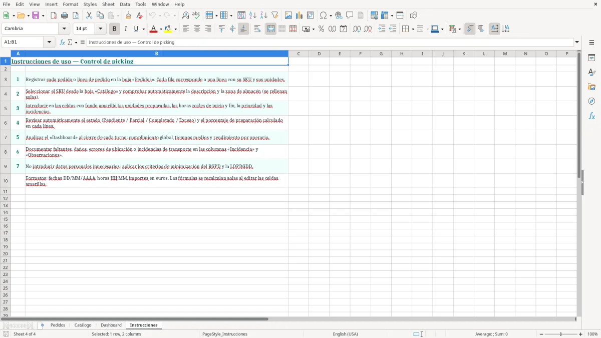 Captura 4: pestaña Instrucciones - Plantilla Excel Control de picking y preparación de pedidos Excel