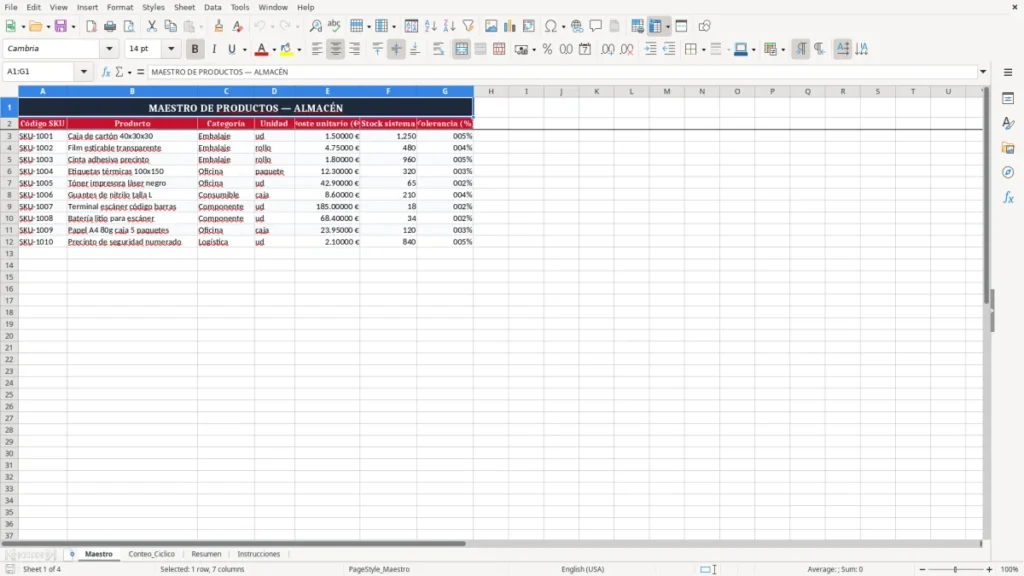 Maestro – Hoja de conteo cíclico de almacén en Excel
