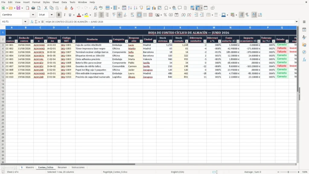 Conteo_Ciclico – Hoja de conteo cíclico de almacén en Excel