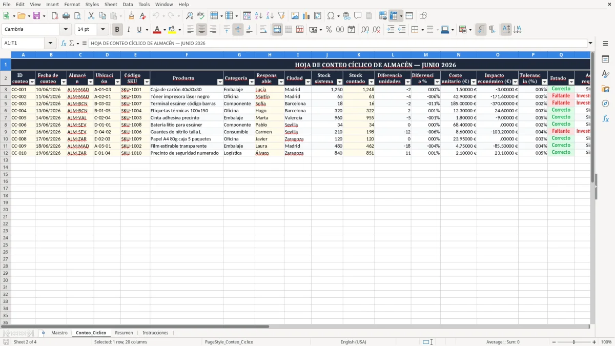 Captura 2: pestaña Conteo_Ciclico - Plantilla Excel Hoja de conteo cíclico de almacén plantilla Excel