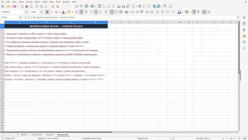 Instrucciones – Hoja de conteo cíclico de almacén en Excel