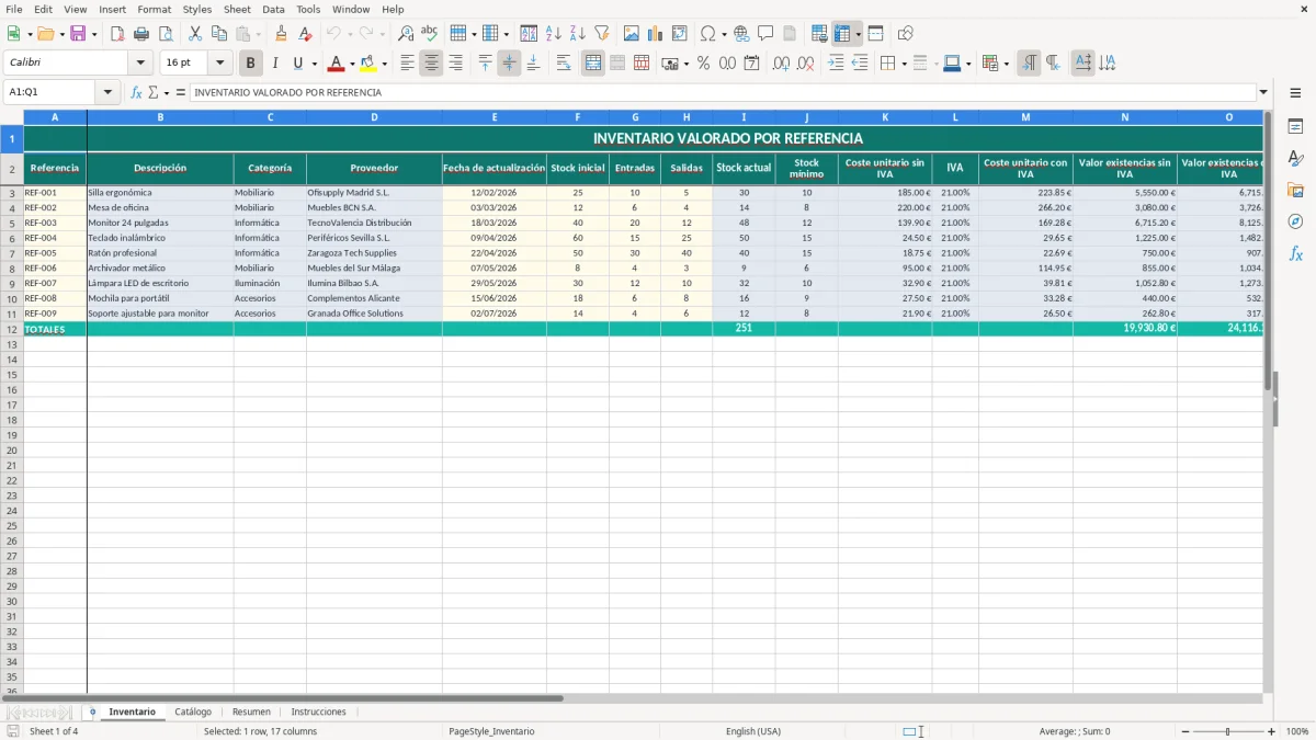 Captura 1: pestaña Inventario - Plantilla Excel Inventario valorado por referencia Excel gratis