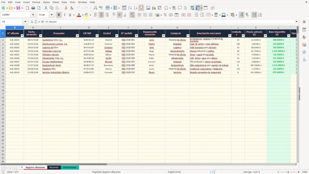 Registro albaranes – Albaranes proveedor Excel – Plantilla gratis (2026)