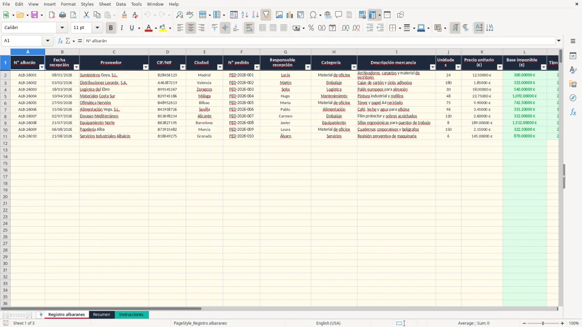 Captura 1: pestaña Registro albaranes - Plantilla Excel Registro de albaranes de proveedor plantilla Excel gratis