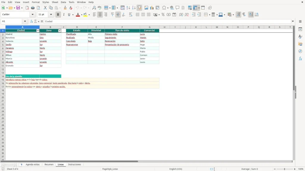 Listas – Agenda visitas comerciales Excel – Plantilla gratis (2026)