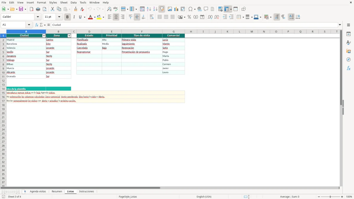 Captura 3: pestaña Listas - Plantilla Excel Agenda de visitas comerciales por zona plantilla Excel