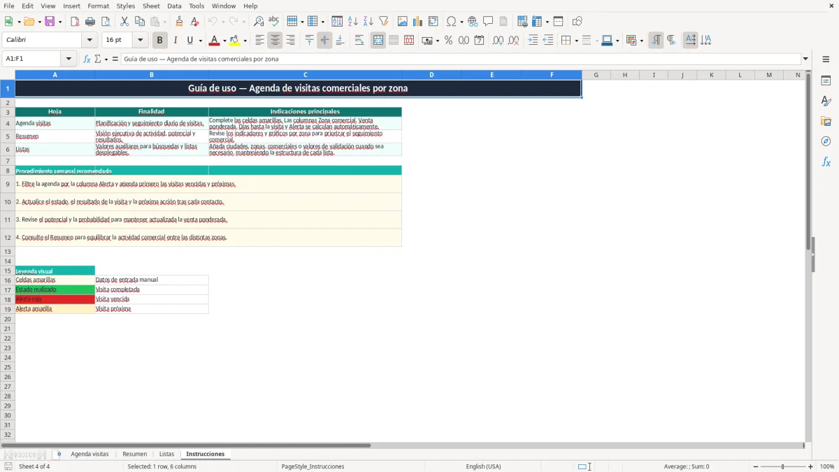 Captura 4: pestaña Instrucciones - Plantilla Excel Agenda de visitas comerciales por zona plantilla Excel