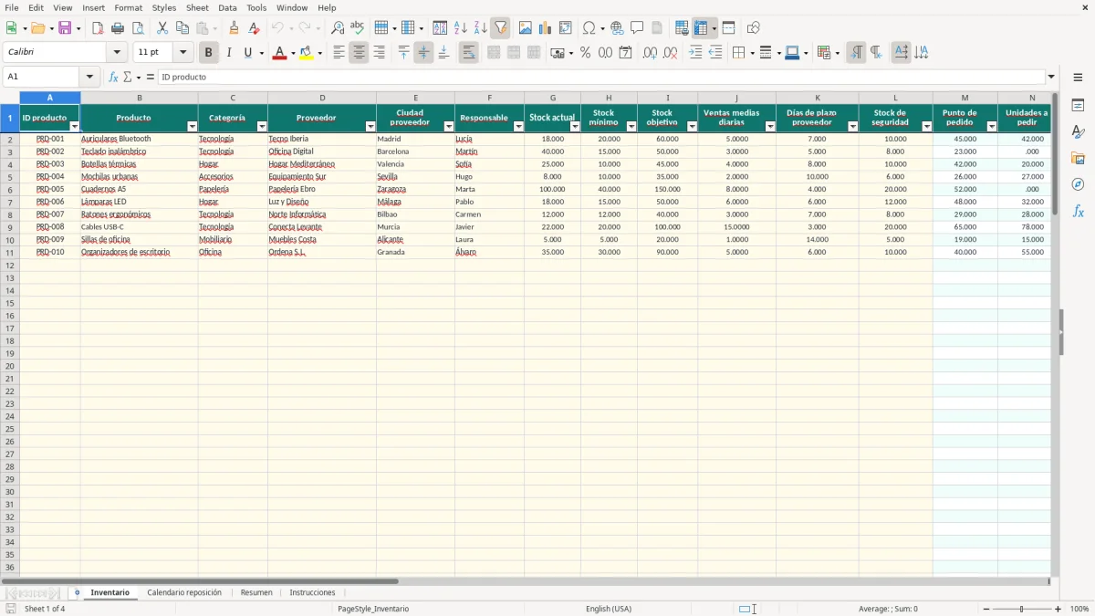 Captura 1: pestaña Inventario - Plantilla Excel Calendario de reposición de stock plantilla Excel gratis