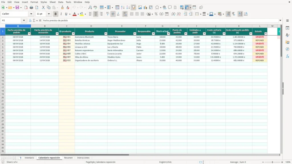 Calendario reposición – Reposición de stock Excel – Plantilla gratis (2026)