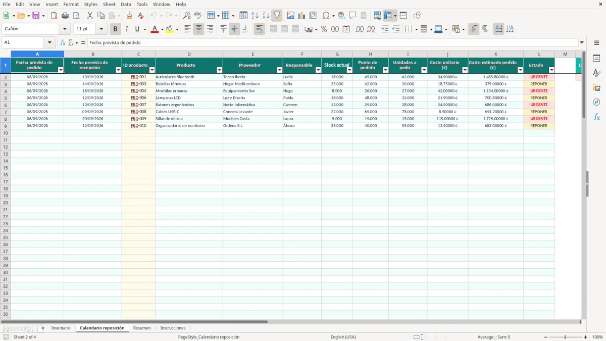 Captura 2: pestaña Calendario reposición - Plantilla Excel Calendario de reposición de stock plantilla Excel gratis