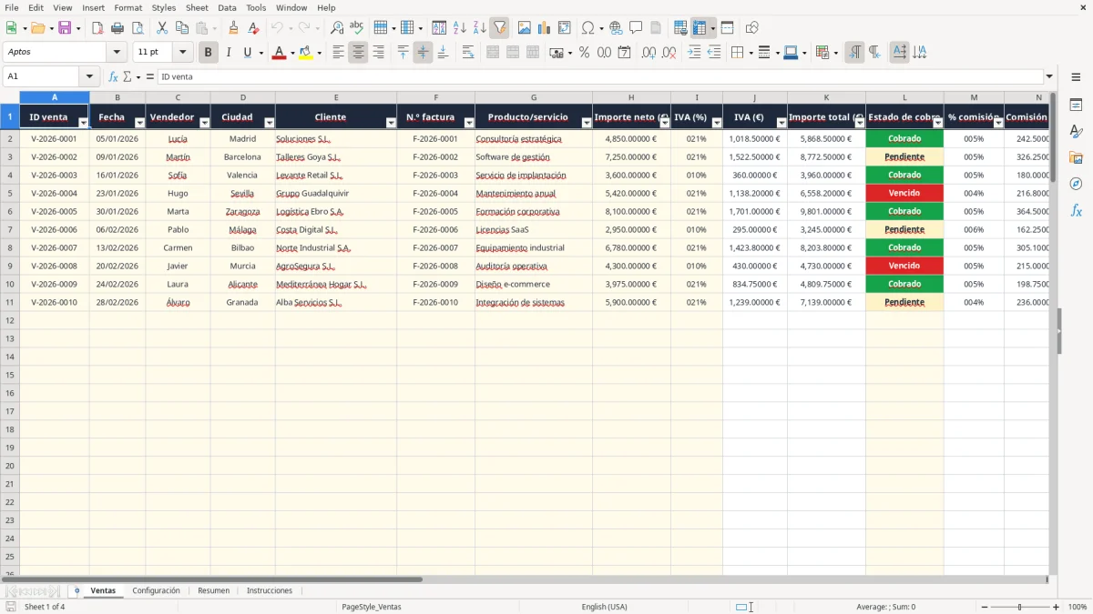 Captura 1: pestaña Ventas - Plantilla Excel Control de comisiones de vendedores plantilla Excel