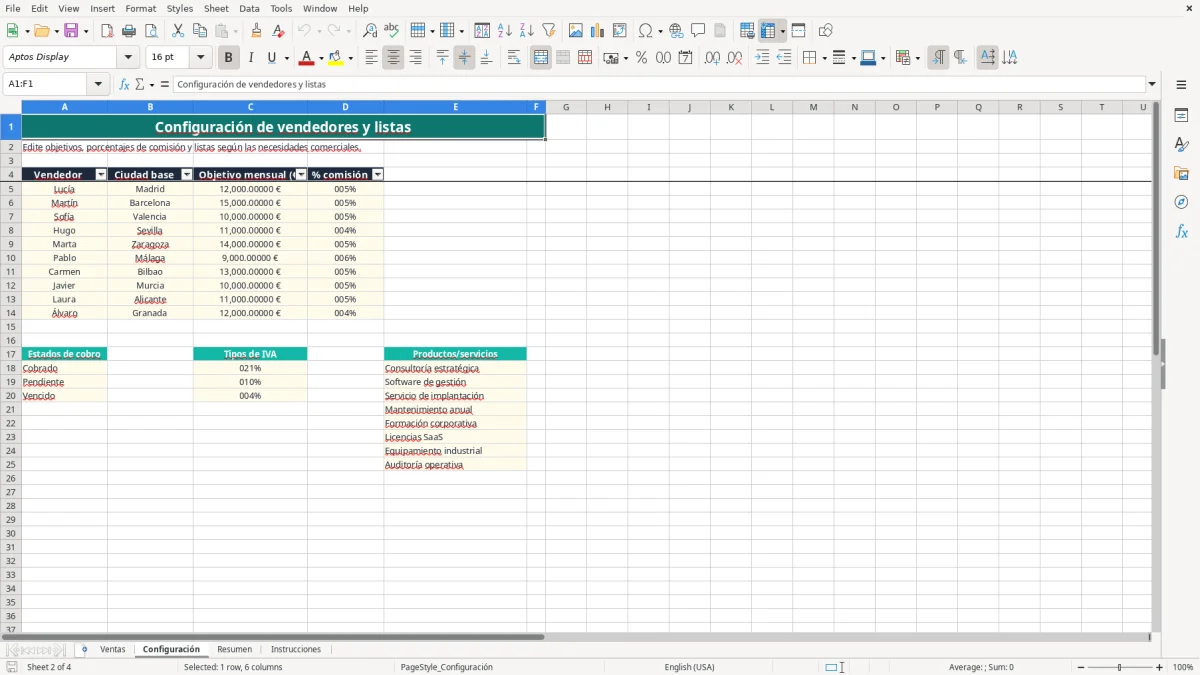Captura 2: pestaña Configuración - Plantilla Excel Control de comisiones de vendedores plantilla Excel