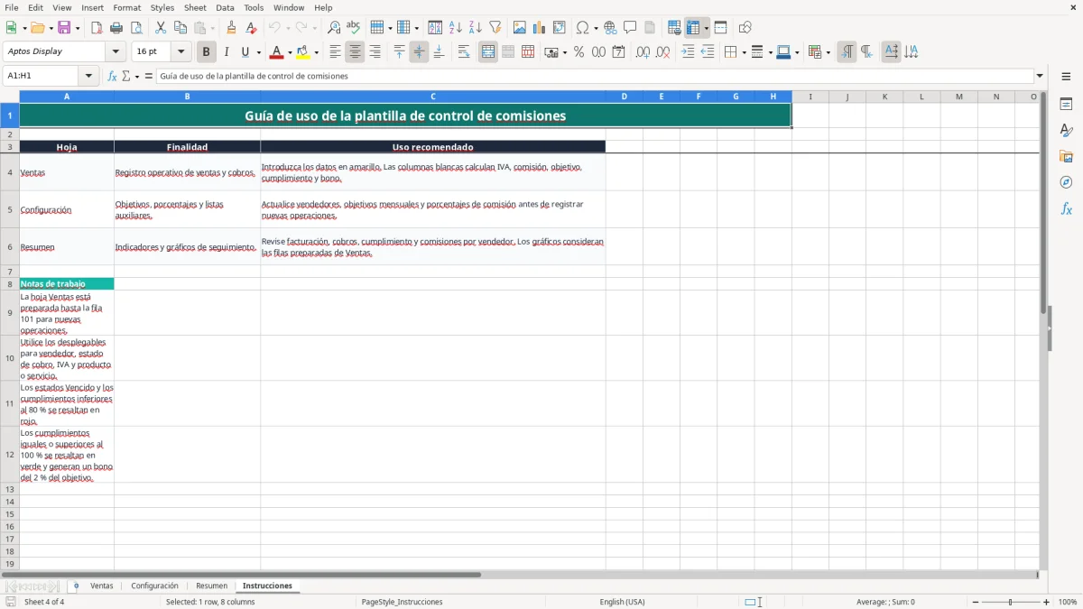 Captura 4: pestaña Instrucciones - Plantilla Excel Control de comisiones de vendedores plantilla Excel