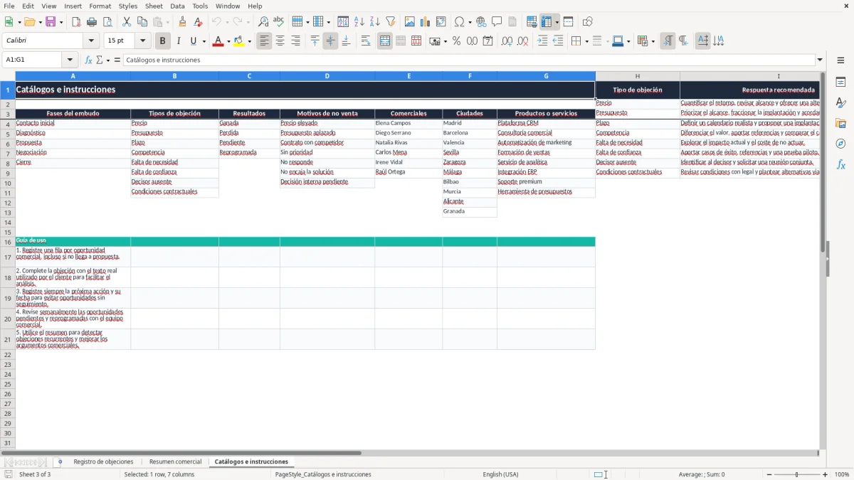 Captura 3: pestaña Catálogos e instrucciones - Plantilla Excel Control de objeciones y motivos de no venta Excel