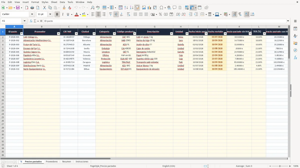Captura 1: pestaña Precios pactados - Plantilla Excel Control de precios pactados con proveedores Excel gratis
