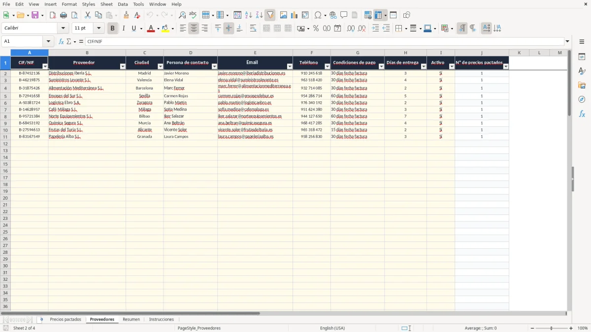 Captura 2: pestaña Proveedores - Plantilla Excel Control de precios pactados con proveedores Excel gratis