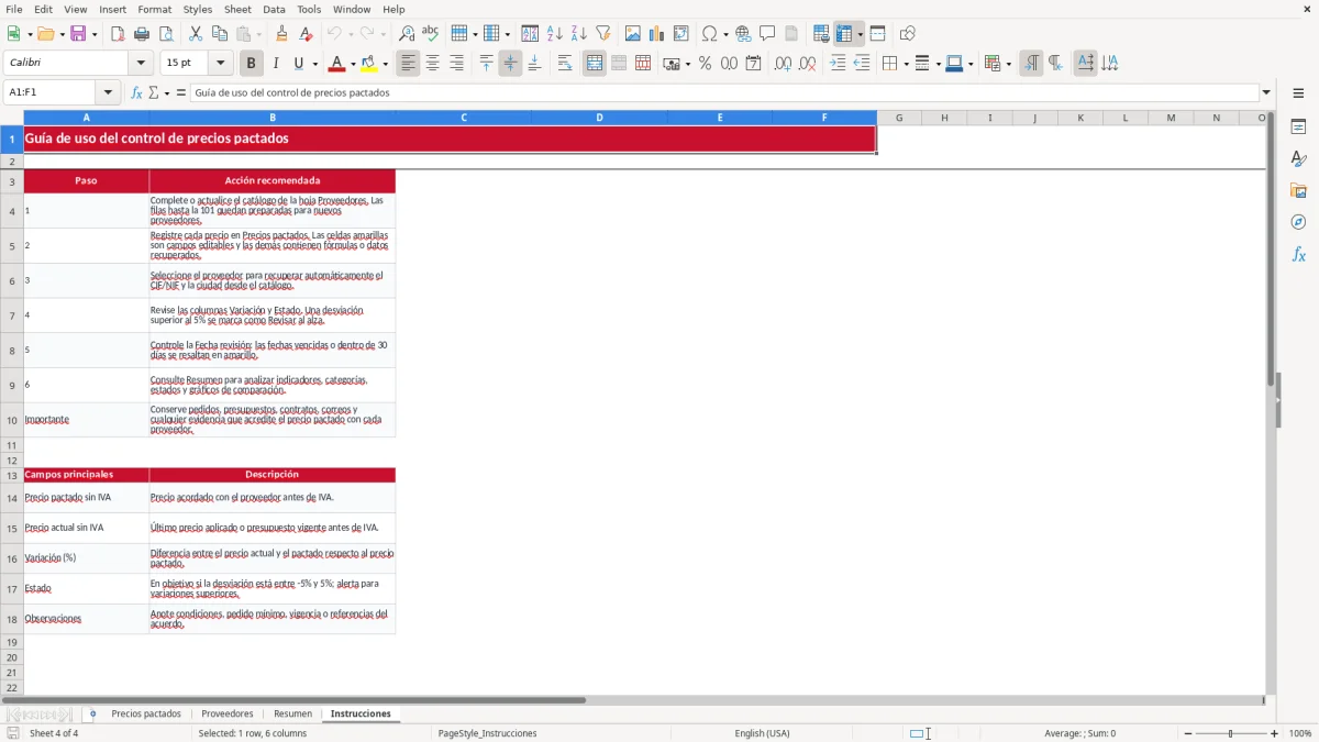 Captura 4: pestaña Instrucciones - Plantilla Excel Control de precios pactados con proveedores Excel gratis