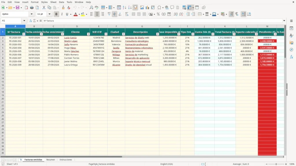 Facturas emitidas – Vencimientos facturas Excel – Plantilla gratis (2026)