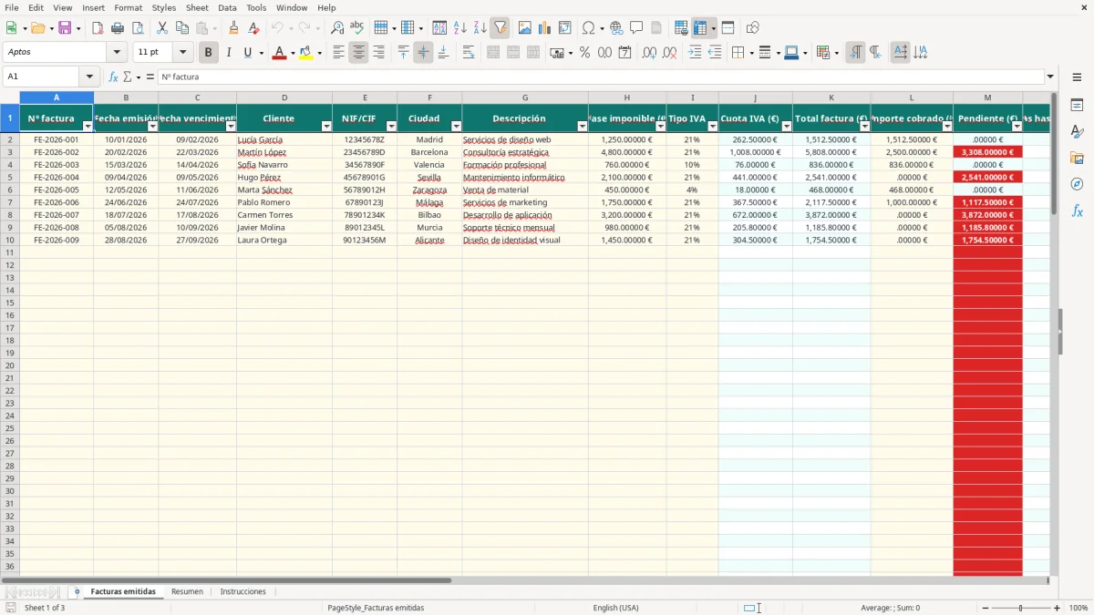 Captura 1: pestaña Facturas emitidas - Plantilla Excel Control de vencimientos de facturas emitidas Excel gratis