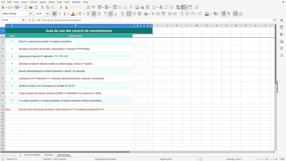 Captura 3: pestaña Instrucciones - Plantilla Excel Control de vencimientos de facturas emitidas Excel gratis