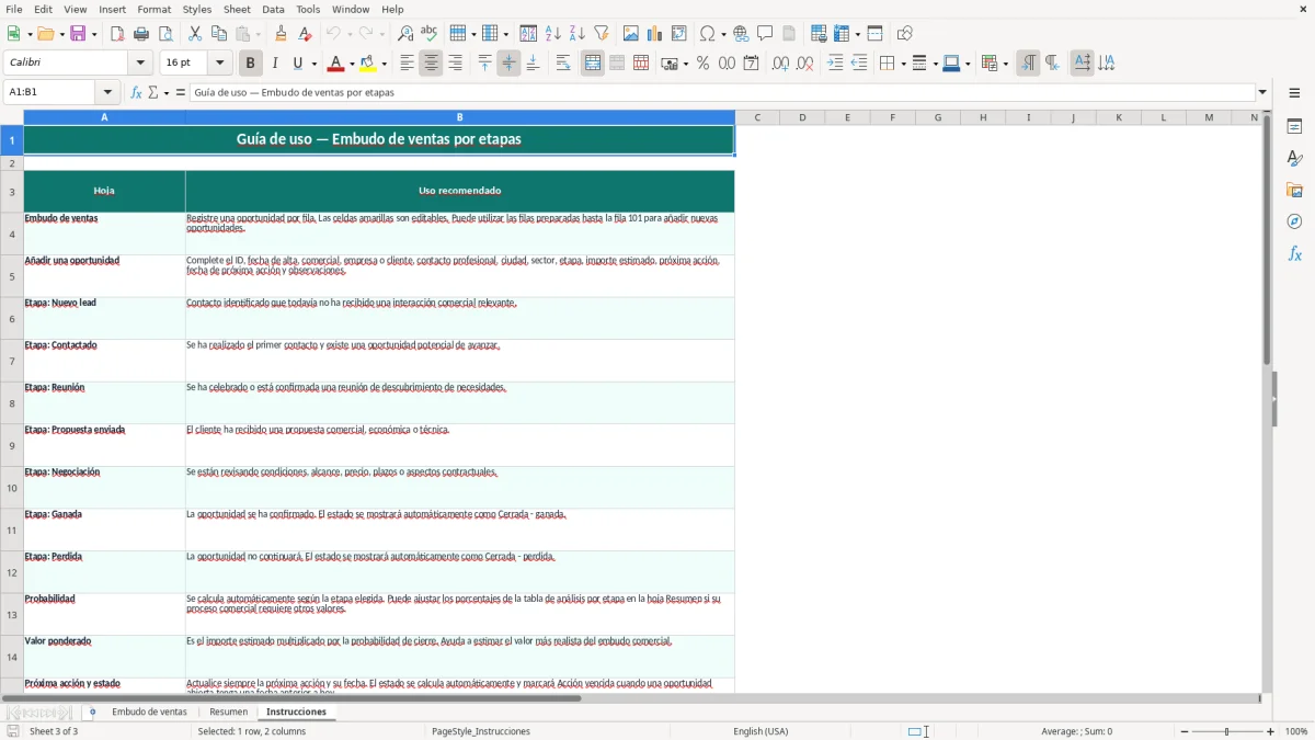 Captura 3: pestaña Instrucciones - Plantilla Excel Embudo de ventas por etapas plantilla Excel gratis
