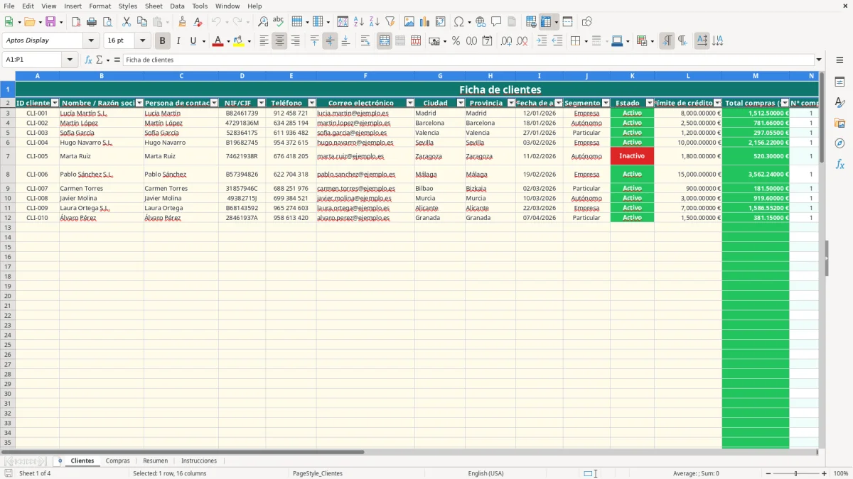 Captura 1: pestaña Clientes - Plantilla Excel Ficha de cliente con historial de compras Excel gratis