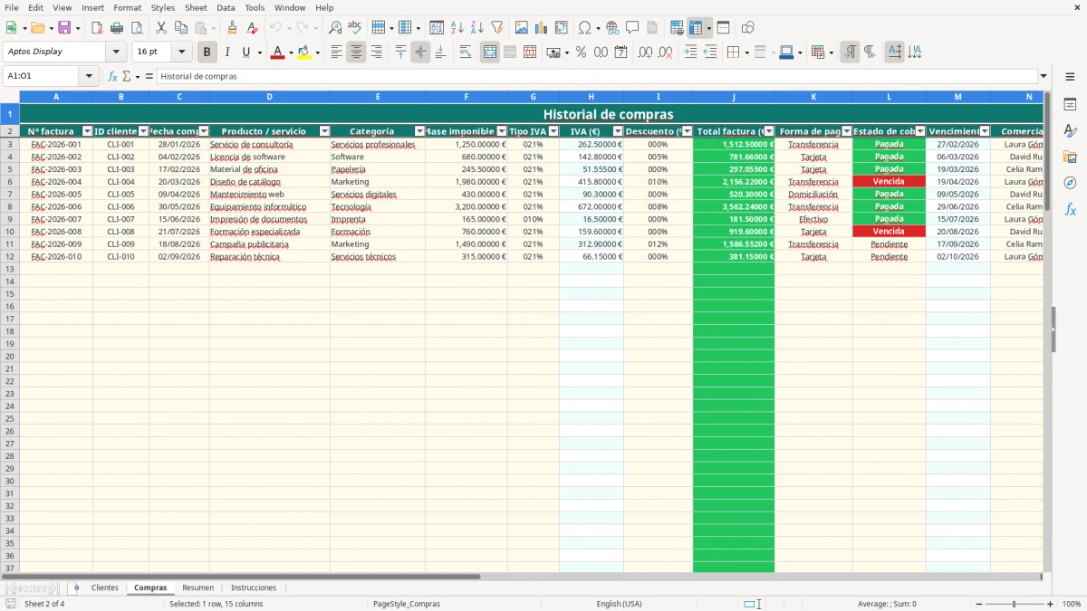 Captura 2: pestaña Compras - Plantilla Excel Ficha de cliente con historial de compras Excel gratis
