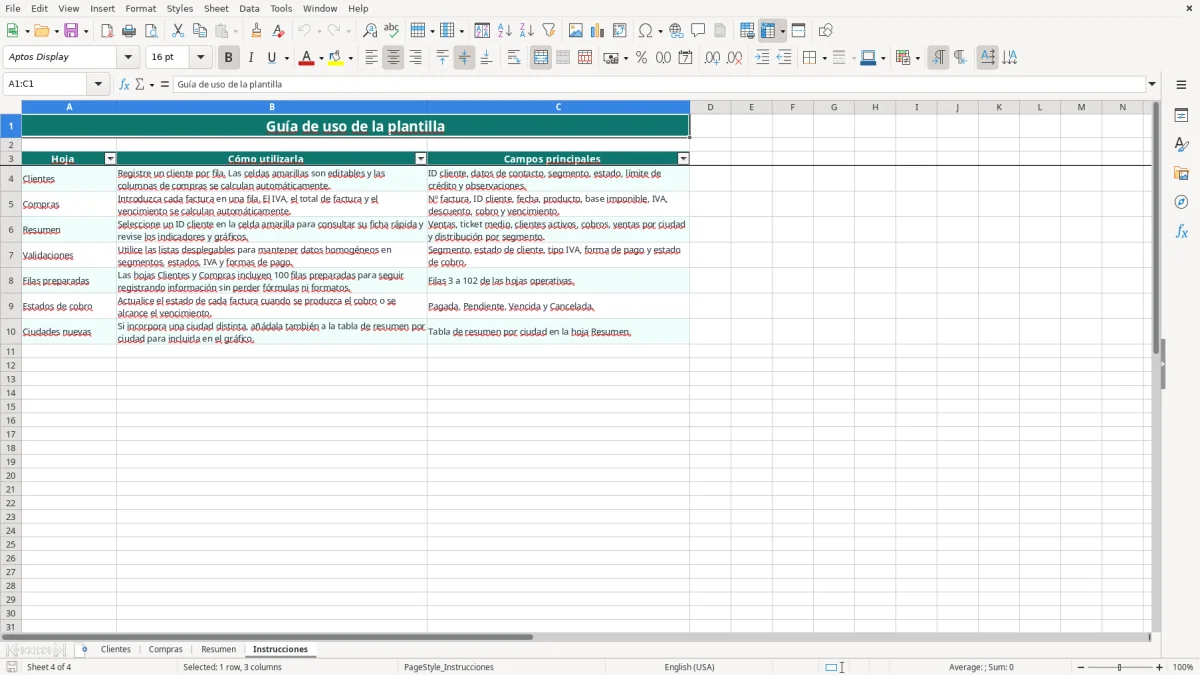 Captura 4: pestaña Instrucciones - Plantilla Excel Ficha de cliente con historial de compras Excel gratis