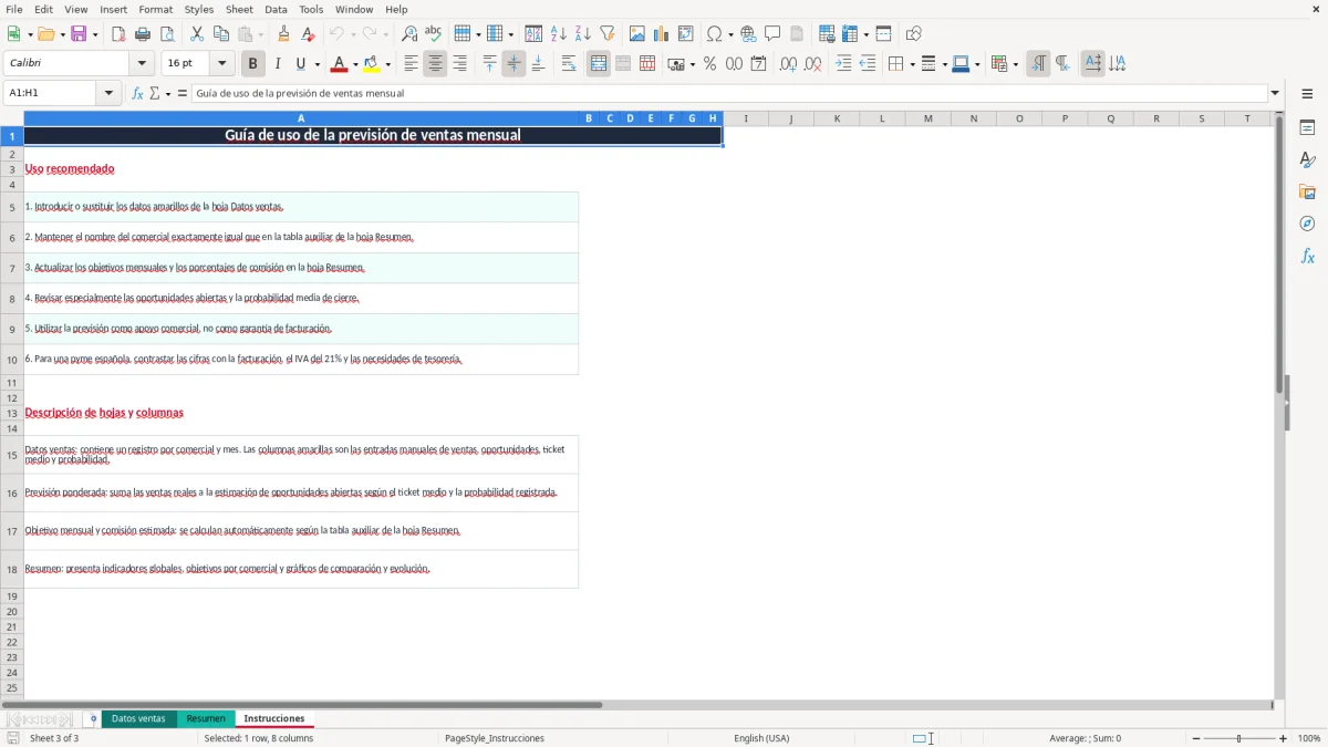 Captura 3: pestaña Instrucciones - Plantilla Excel Previsión de ventas mensual por comercial Excel gratis
