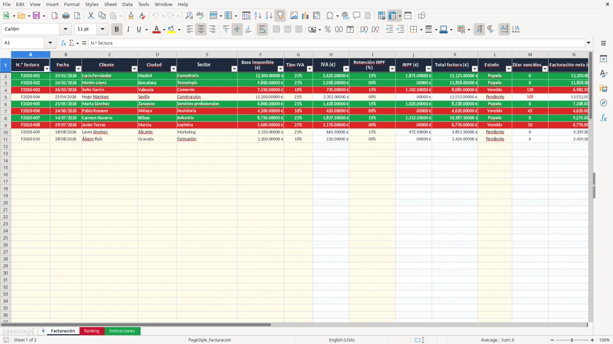 Captura 1: pestaña Facturación - Plantilla Excel Ranking de clientes por facturación Excel gratis