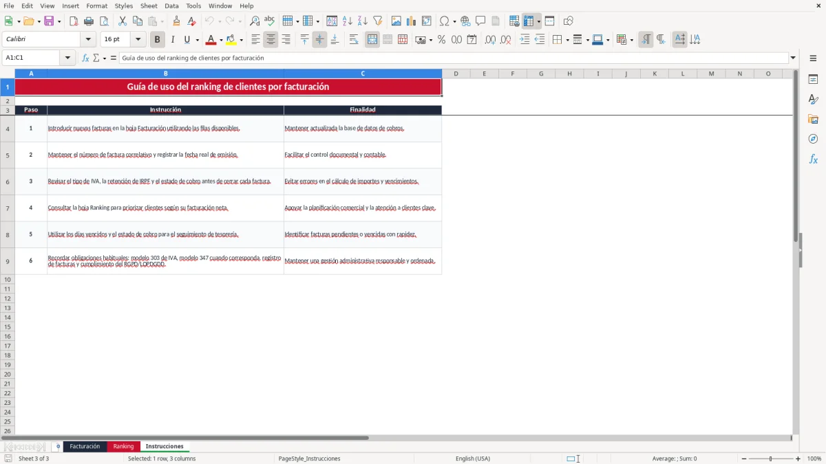 Captura 3: pestaña Instrucciones - Plantilla Excel Ranking de clientes por facturación Excel gratis