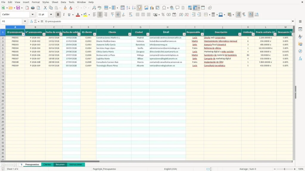 Presupuestos – Presupuestos enviados Excel – Plantilla gratis (2026)