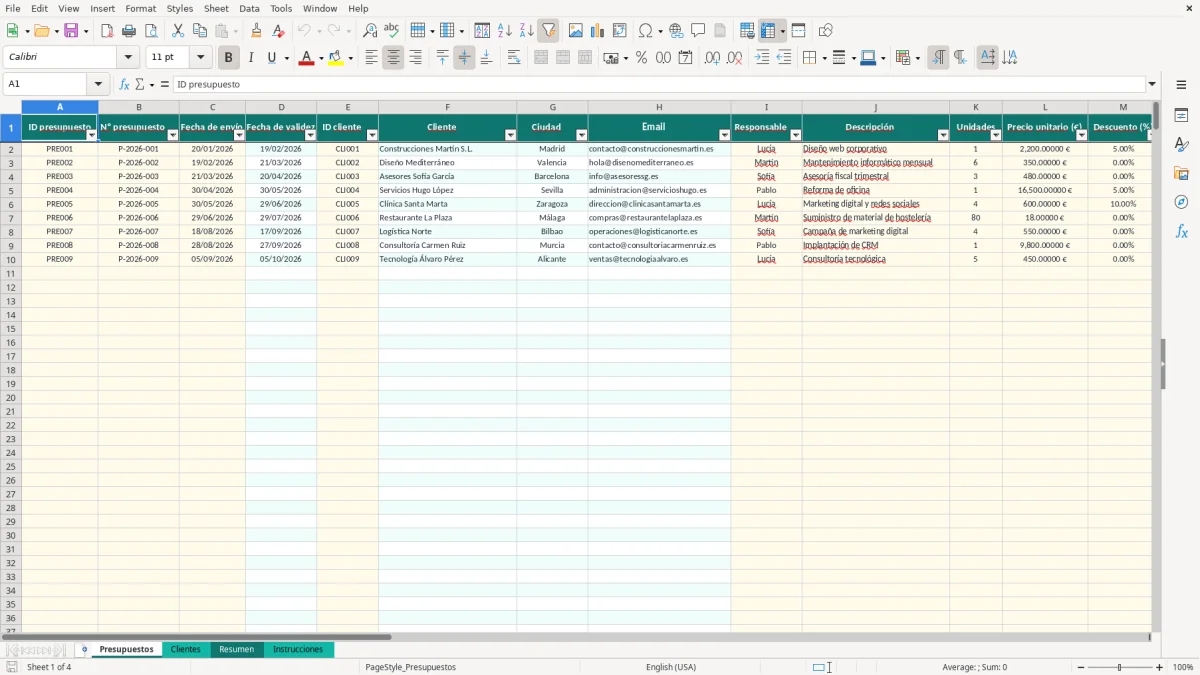 Captura 1: pestaña Presupuestos - Plantilla Excel Registro de presupuestos enviados a clientes Excel gratis