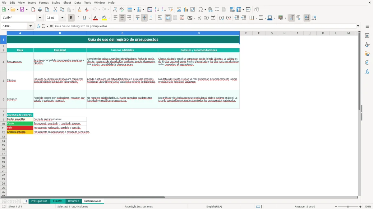 Captura 4: pestaña Instrucciones - Plantilla Excel Registro de presupuestos enviados a clientes Excel gratis