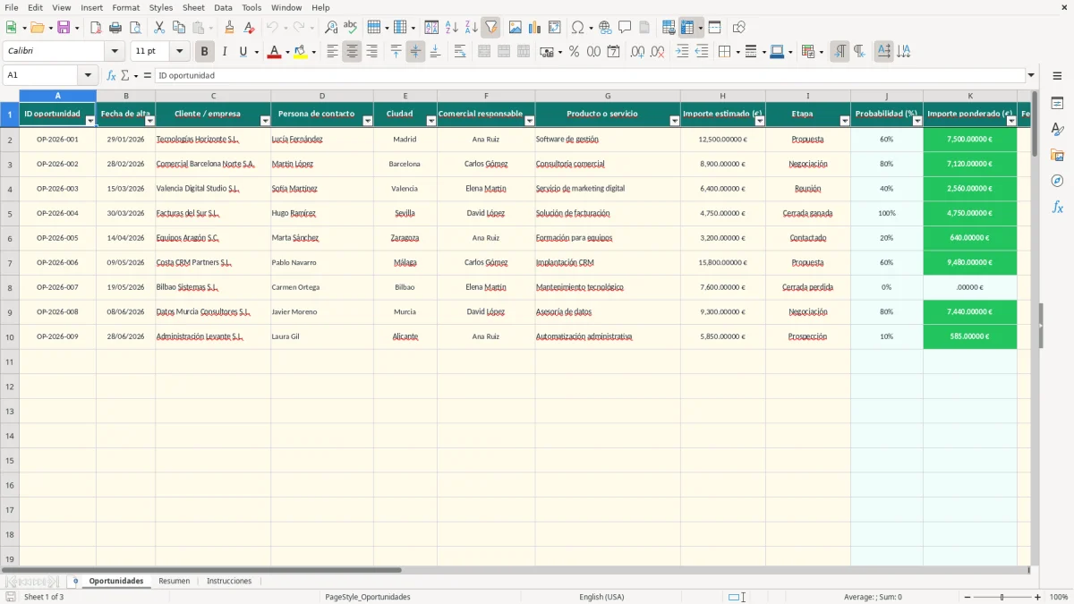 Captura 1: pestaña Oportunidades - Plantilla Excel Seguimiento de oportunidades comerciales Excel gratis
