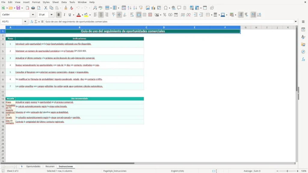 Instrucciones – Oportunidades comerciales Excel – Plantilla gratis (2026)