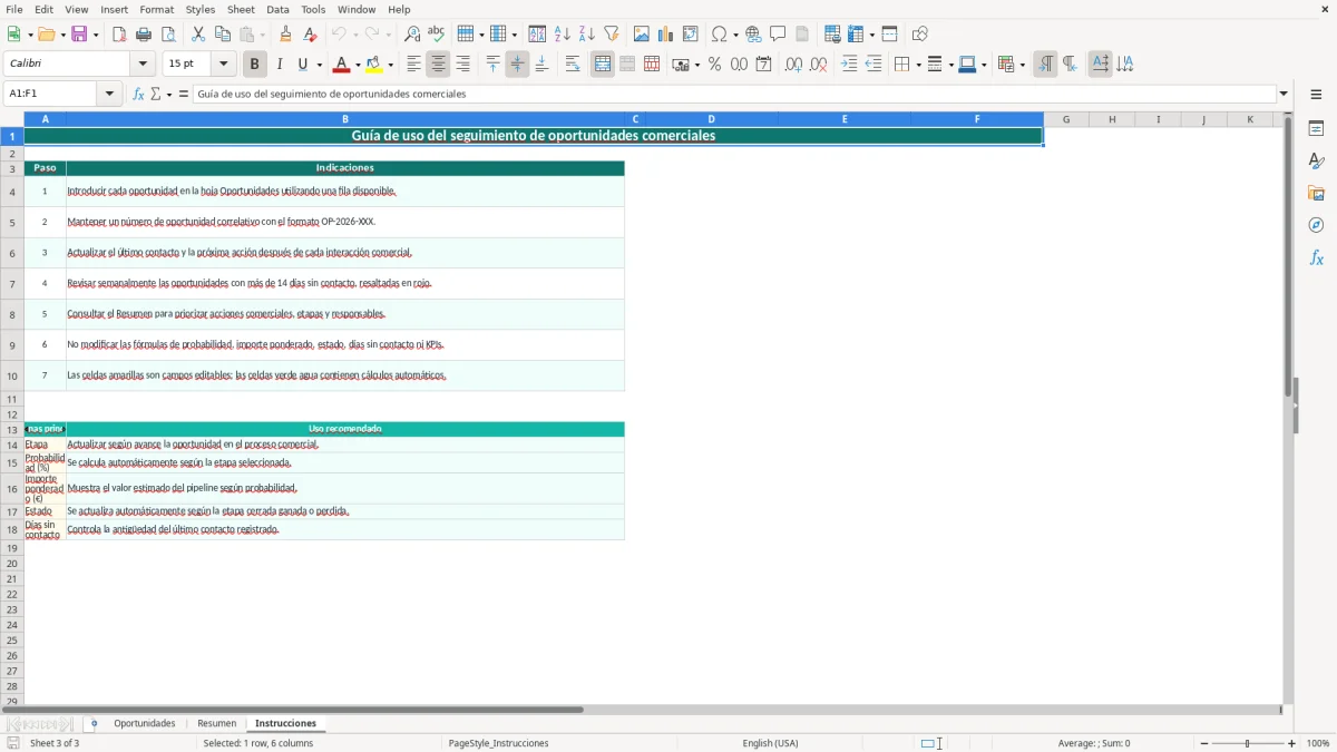 Captura 3: pestaña Instrucciones - Plantilla Excel Seguimiento de oportunidades comerciales Excel gratis