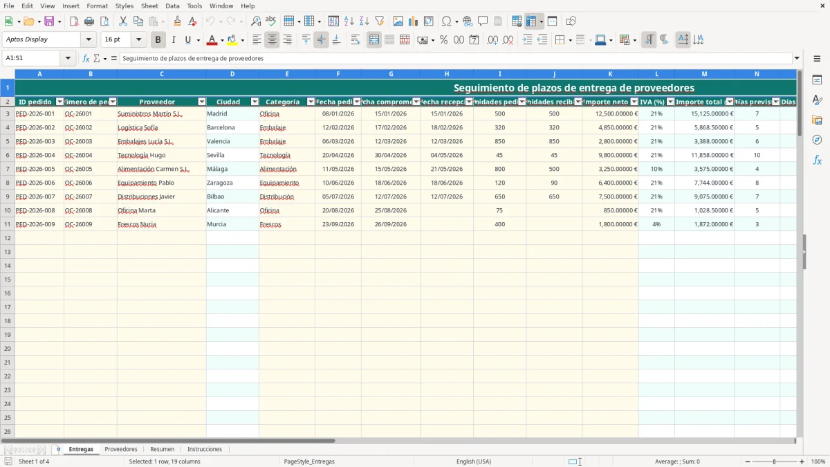 Captura 1: pestaña Entregas - Plantilla Excel Seguimiento de plazos de entrega de proveedores Excel