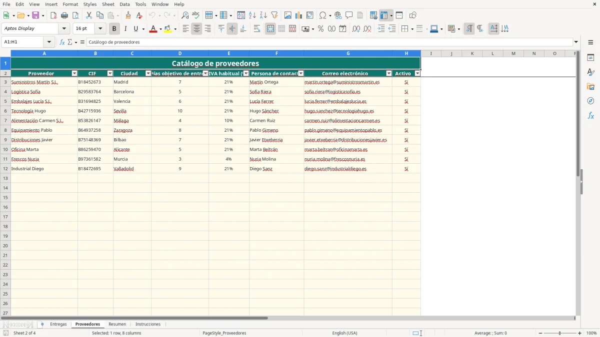Captura 2: pestaña Proveedores - Plantilla Excel Seguimiento de plazos de entrega de proveedores Excel