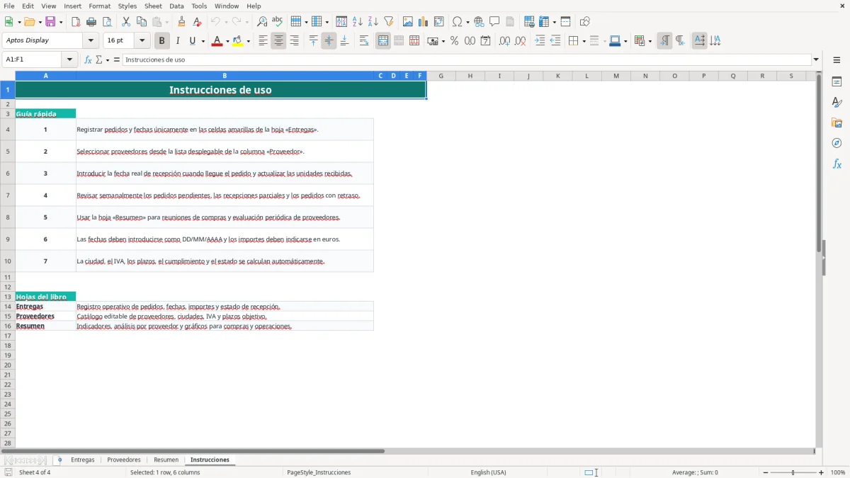 Captura 4: pestaña Instrucciones - Plantilla Excel Seguimiento de plazos de entrega de proveedores Excel