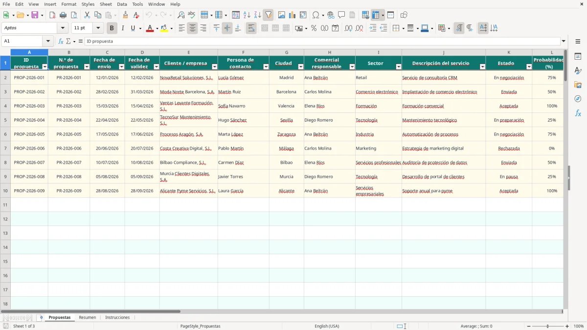 Captura 1: pestaña Propuestas - Plantilla Excel Seguimiento de propuestas comerciales plantilla Excel