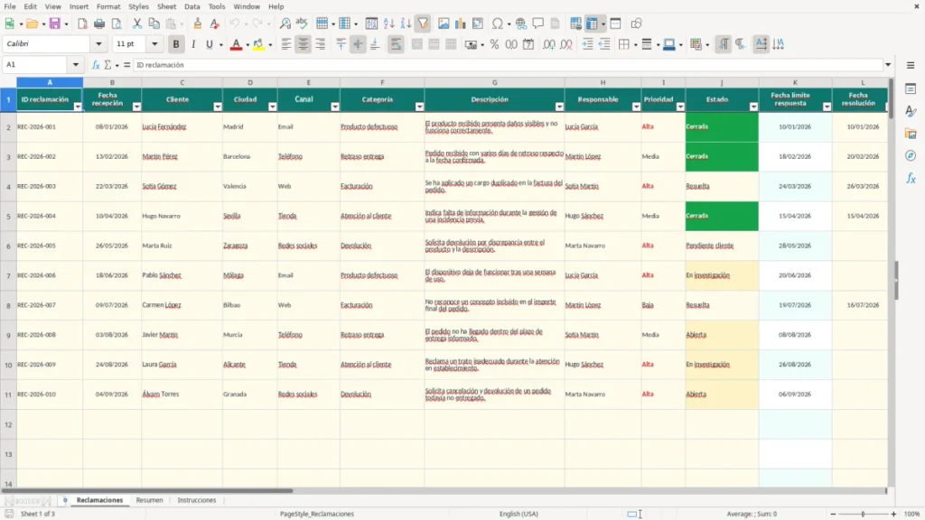 Reclamaciones – Reclamaciones Excel – Plantilla gratis (2026)