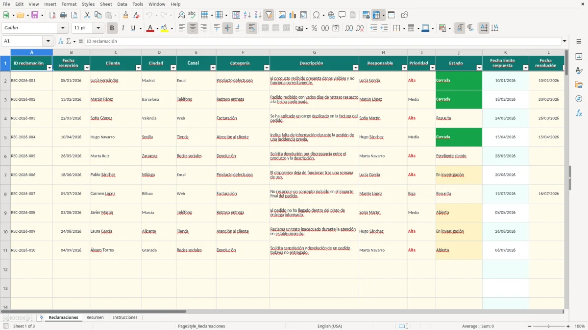 Captura 1: pestaña Reclamaciones - Plantilla Excel Seguimiento de reclamaciones de clientes plantilla Excel